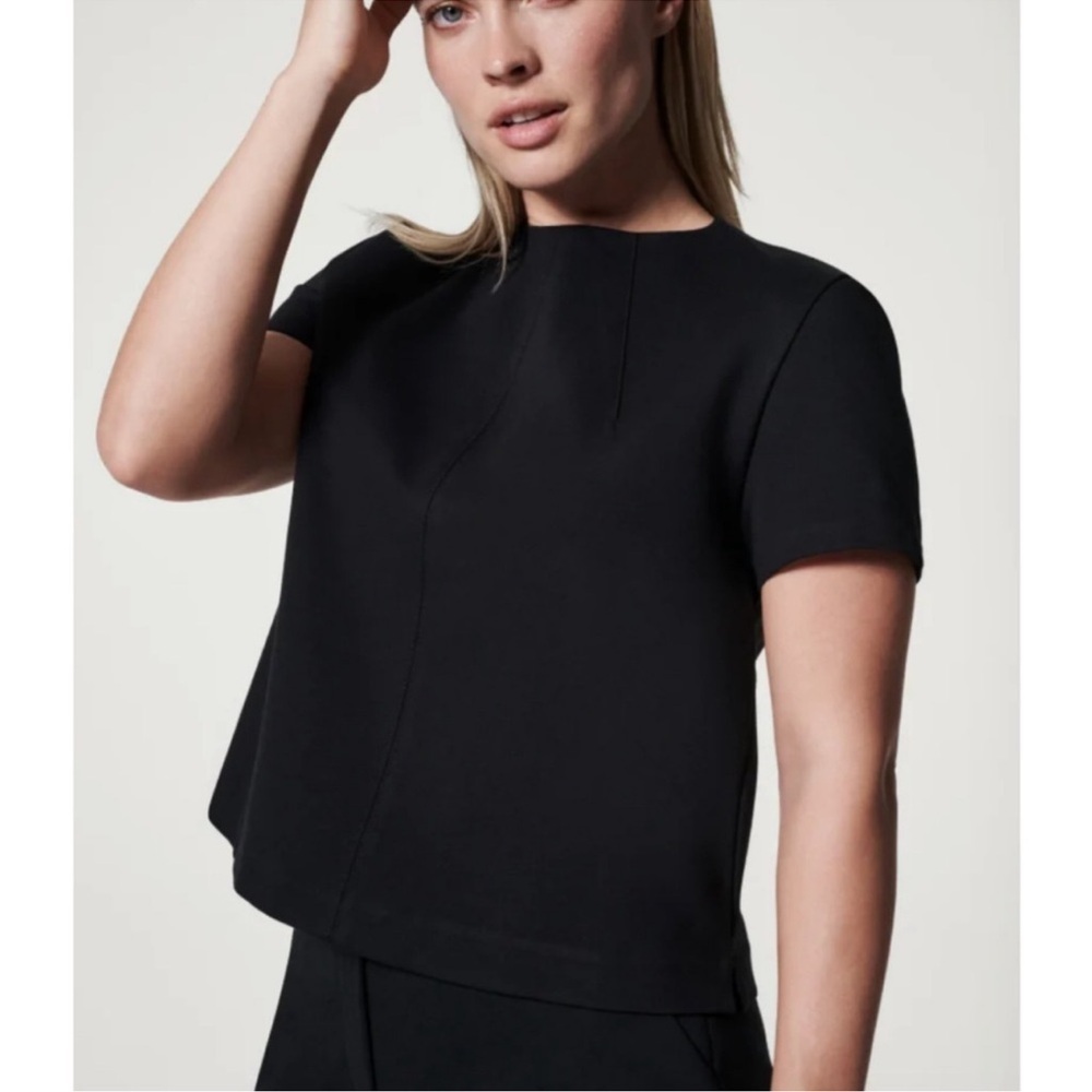 SPANX The Perfect Funnel Top Ponte Shirt Zip Back Short Sleeve Slimming Medium